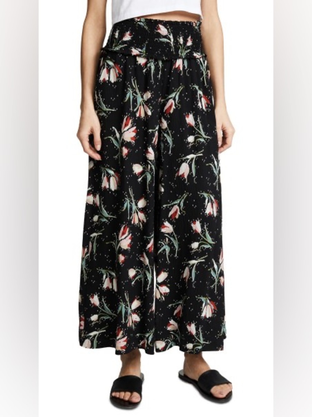 Rebecca Taylor Black Floral Wide Leg silk blend pull on palazzo Pants